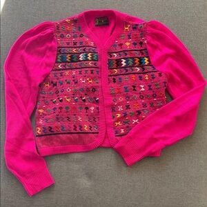 Vintage Xekujel Handwoven Guatemalan Cardigan Sweater Pink Knit with Embroidery